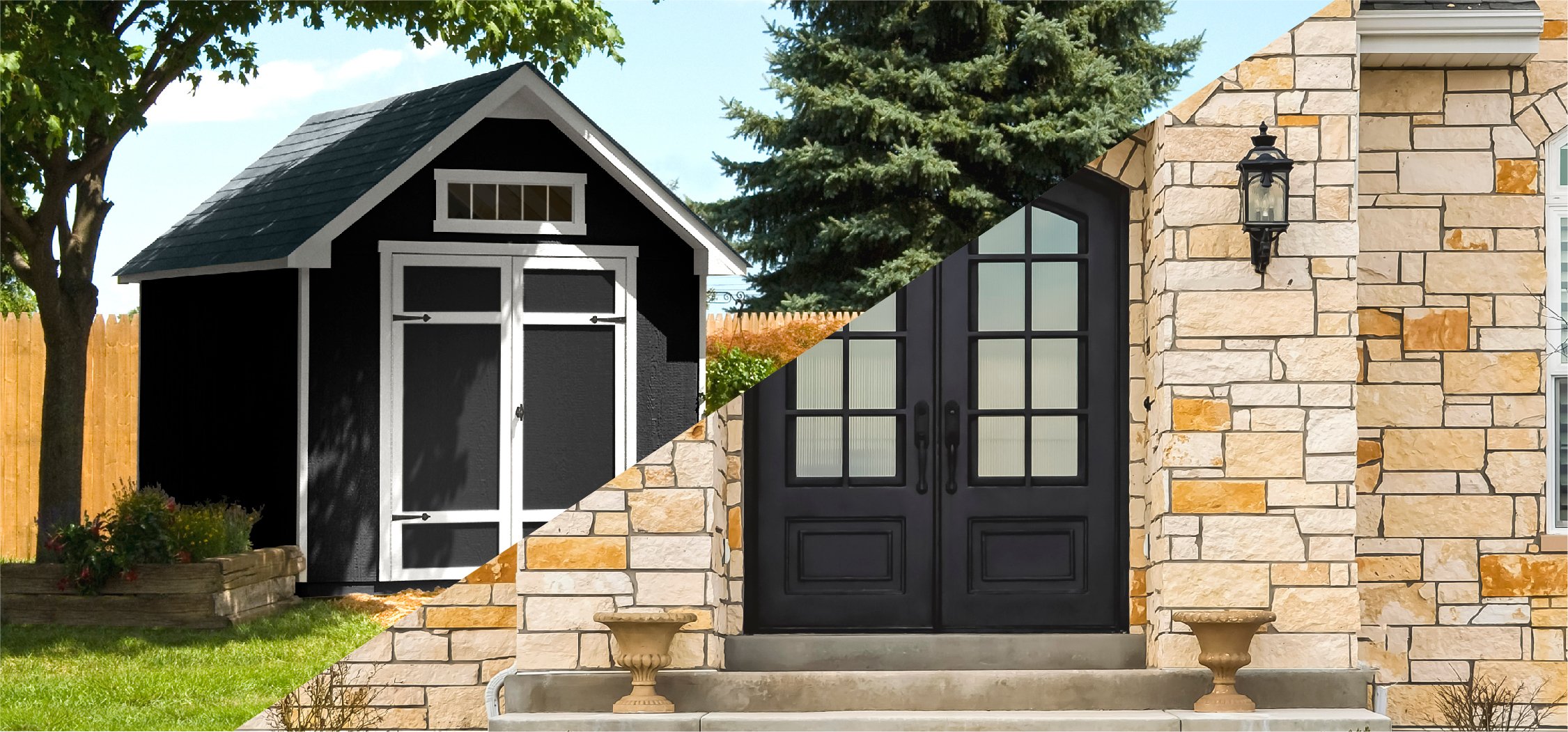 Image split diagonally. House with light brown stone face and shed painted black to complement it.