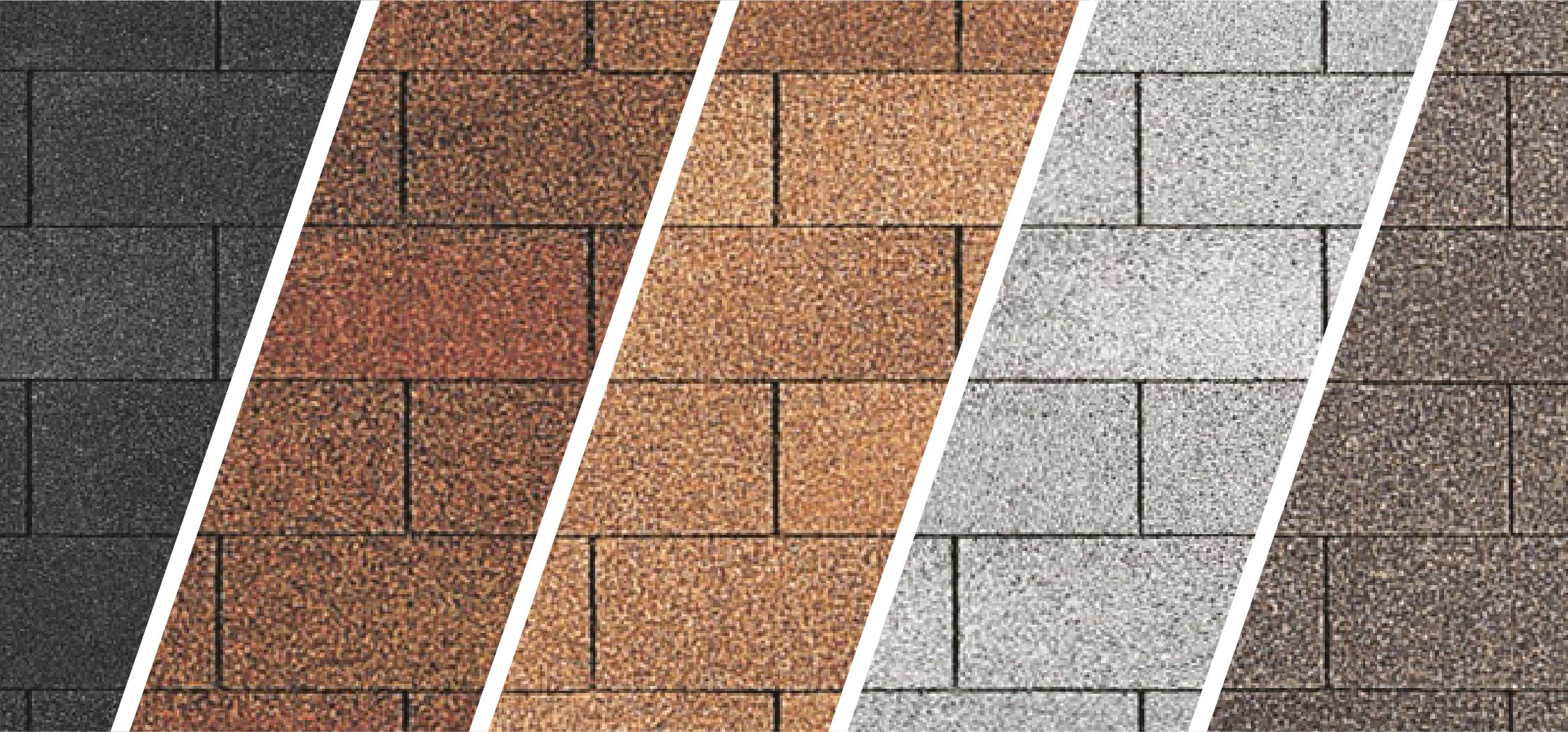 Five colors of shed shingles. From left to right: Black, Dark Brown, Light Brown, White, Driftwood.