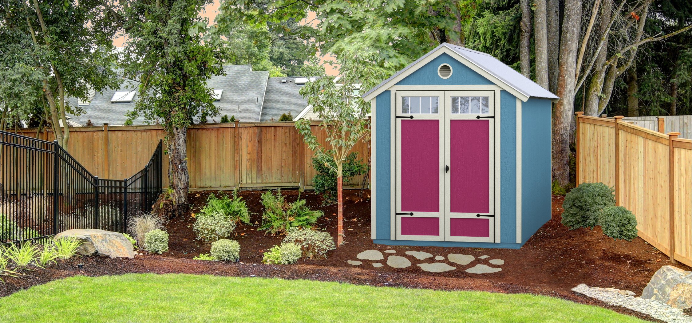 Garden shed against a wooden fence painted blue with magenta doors.