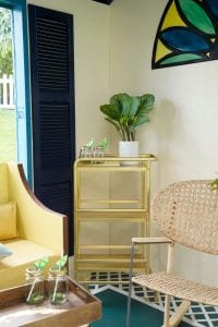 Shed detail: Gold side table with potted plant on top.