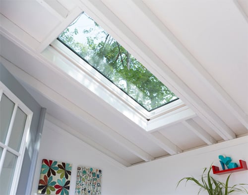 Art studio She Shed: Skylight in shed ceiling. Two art prints of flowers on one wall.